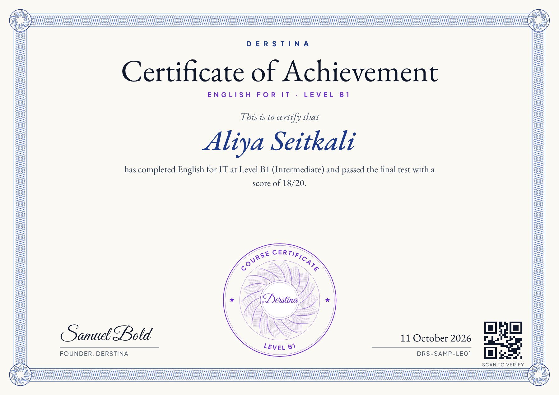 Sample Derstina certificate: English for IT, Level B1, with a purple level seal, signature, date, certificate ID and QR code